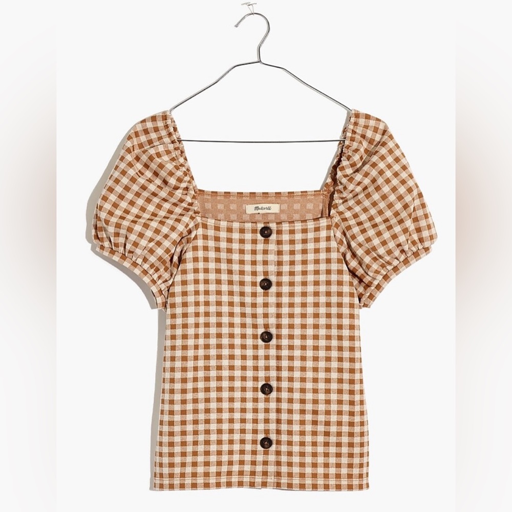 Madewell Gingham Jacquard Square-Neck Puff-Sleeve Top